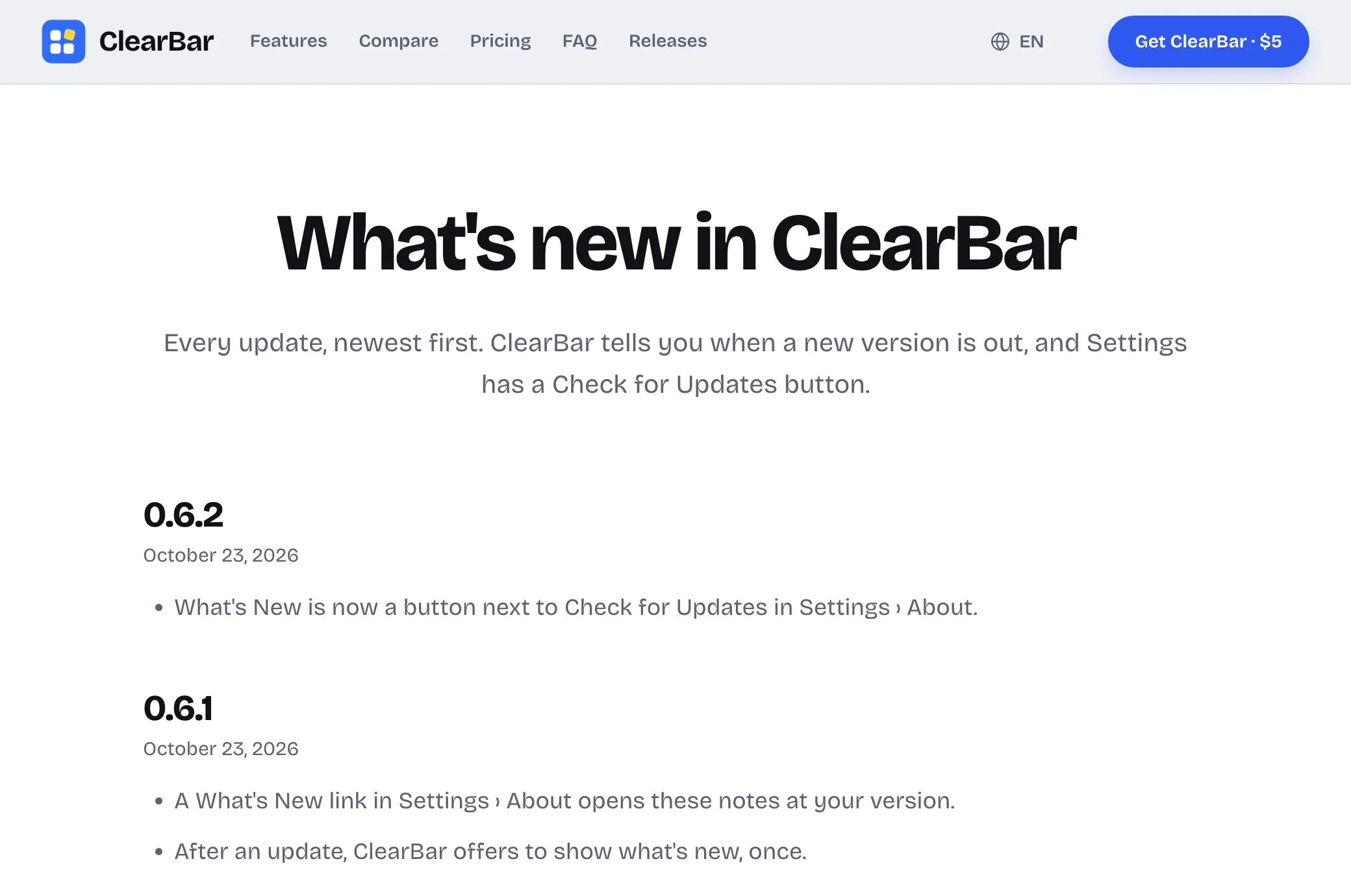 The ClearBar release notes page