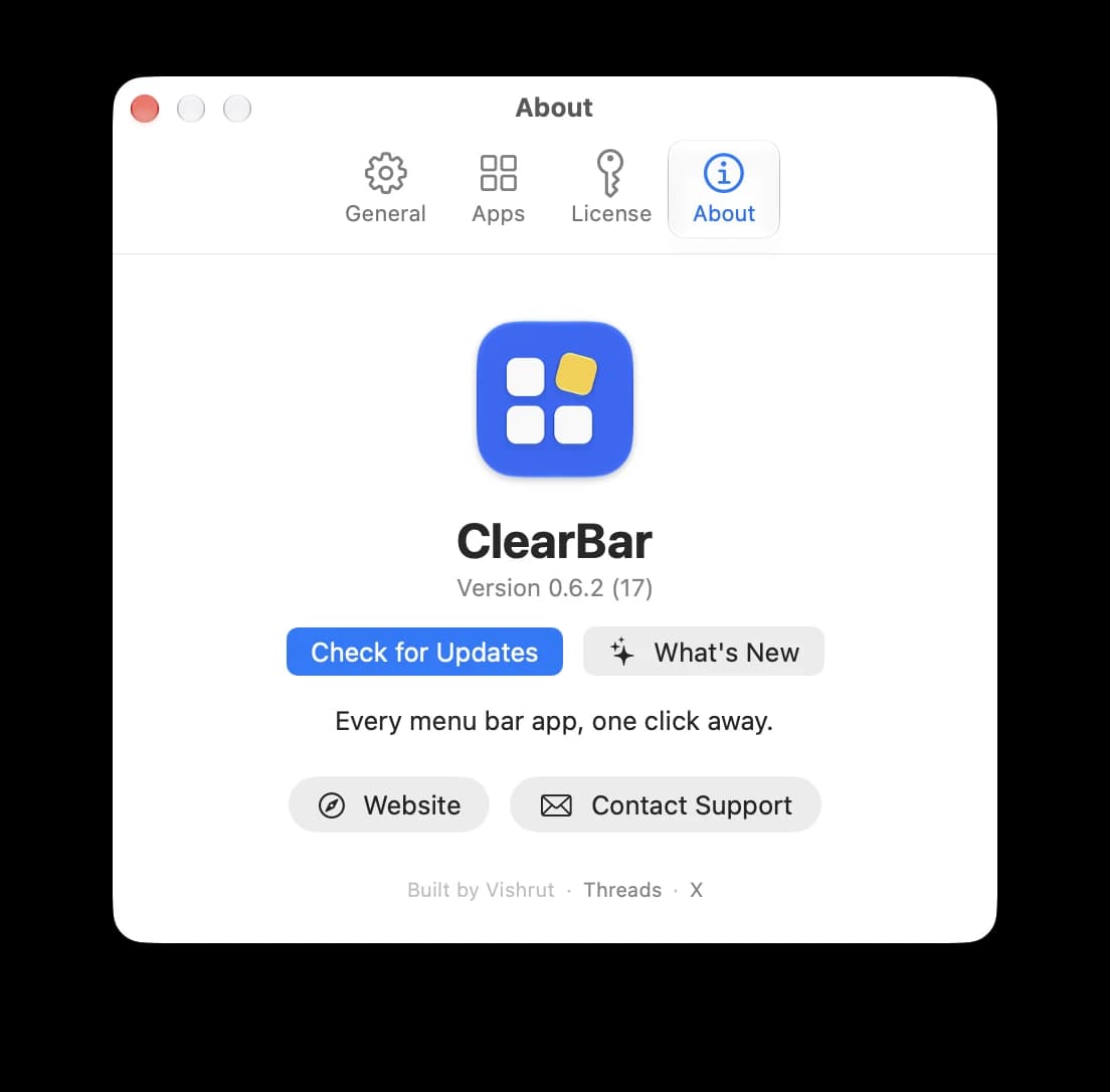 ClearBar Settings › About, with the What's New button next to Check for Updates